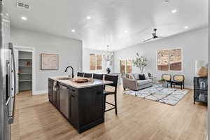 Kitchen with appliances with stainless steel finishes, a kitchen bar, a kitchen island with sink, light countertops, and recessed lighting