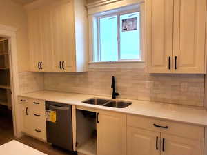 Kitchen with white cabinetry, decorative backsplash, sink, and stainless steel dishwasher