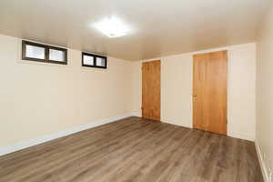 Basement featuring wood-type flooring