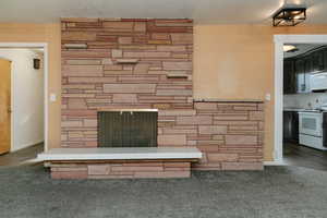 Interior details with a fireplace, hardwood / wood-style floors, and white appliances