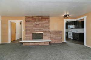 Unfurnished living room with a textured ceiling, a stone fireplace, and dark wood-type flooring