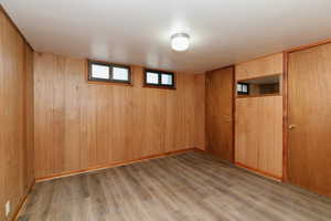 Basement with wood walls and hardwood / wood-style floors