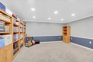 Interior space featuring carpet flooring and ornamental molding