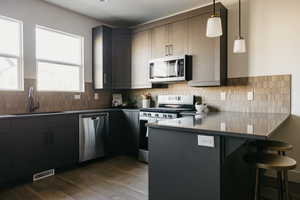 Kitchen featuring kitchen peninsula, appliances with stainless steel finishes, sink, dark hardwood / wood-style floors, and hanging light fixtures