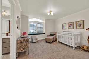 Carpeted bedroom featuring connected bathroom, a nursery area, and ornamental molding