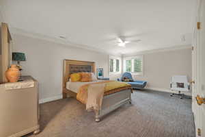 Bedroom featuring carpet flooring, ceiling fan, and crown molding