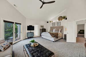 Bedroom with carpet floors, access to exterior, ceiling fan, and high vaulted ceiling