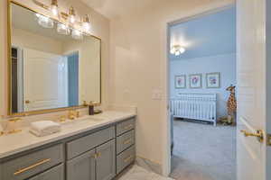 Bathroom featuring vanity and crown molding