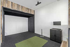 Recreation room featuring dark colored carpet and golf simulator