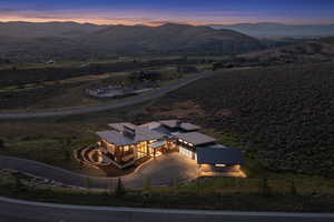 Aerial view at dusk with a mountain view