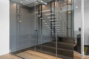 Wine cellar featuring wood-type flooring