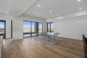 Unfurnished office with a mountain view and light hardwood / wood-style floors