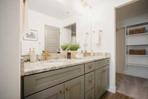 Bathroom with vanity and wood-type flooring