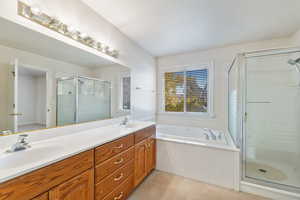 Bathroom with vanity and shower with separate bathtub