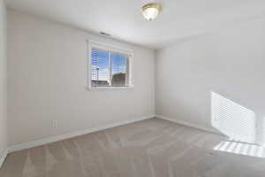 Unfurnished room featuring light colored carpet