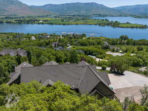 Aerial view with a water and mountain view