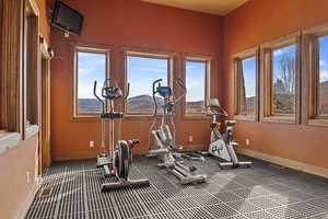 Workout area featuring a mountain view