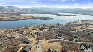 Aerial view with a water and mountain view