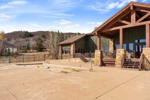 View of patio featuring a mountain view