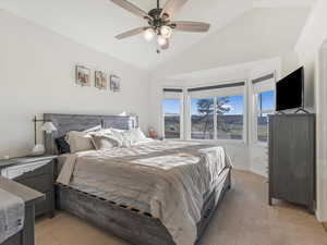 Carpeted bedroom featuring ceiling fan and vaulted ceiling