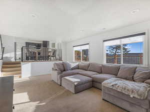 Living room featuring light carpet