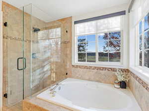 Bathroom featuring plenty of natural light and plus walk in shower