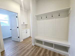 Mudroom with light hardwood / wood-style floors