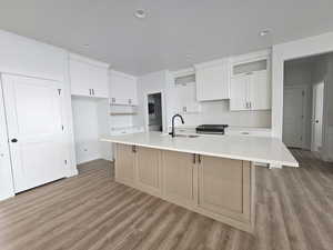 Kitchen with a large island, sink, white cabinets, and light hardwood / wood-style floors