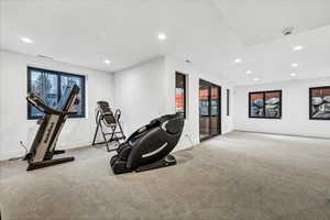 Workout room featuring light colored carpet