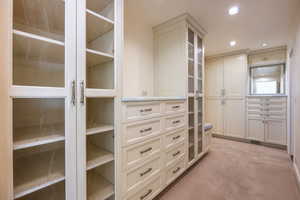 Walk in closet featuring light carpet