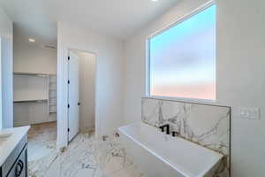 Bathroom featuring vanity, a wealth of natural light, and a bathing tub