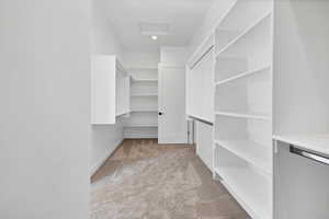 Spacious closet with carpet flooring and attic access