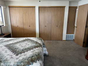 Bedroom featuring carpet flooring, a textured ceiling, and multiple closets