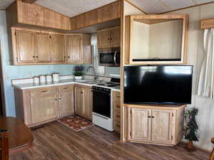 Kitchen featuring white stove, dark hardwood / wood-style floors, and sink