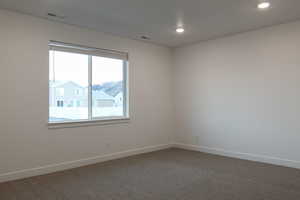 Empty room with carpet flooring and a mountain view