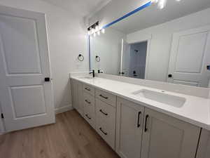 Bathroom with vanity and wood-type flooring