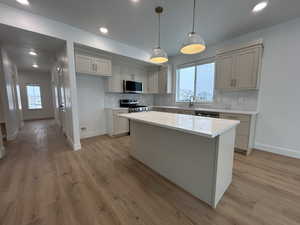 Kitchen featuring a center island, light wood-type flooring, a healthy amount of sunlight, and stainless steel appliances