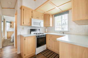 Kitchen with wood finished floors, a sink, light brown cabinets, and white appliances