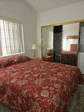 Bedroom with multiple windows, a closet, carpet floors, and lofted ceiling