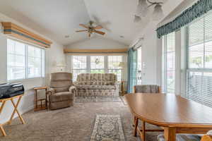 Carpeted living room with baseboards, lofted ceiling, ceiling fan, and a healthy amount of sunlight