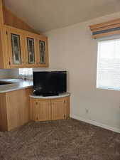 Unfurnished living room with a textured ceiling, carpet, and lofted ceiling