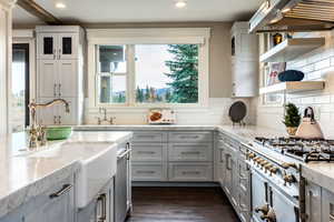 Kitchen featuring ventilation hood, stainless steel stove, dark hardwood / wood-style floors, tasteful backsplash, and light stone counters