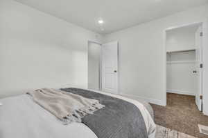 Carpeted bedroom with a spacious closet and a closet