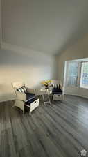 Living area featuring wood-type flooring and vaulted ceiling