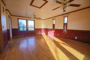 Empty room with light hardwood / wood-style floors, crown molding, and ceiling fan