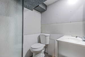 Bathroom with wooden walls, vanity, and toilet