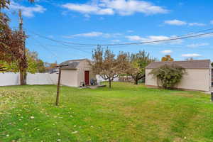 View of backyard featuring a shed