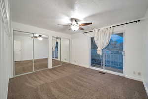 Unfurnished bedroom featuring carpet, ceiling fan, access to exterior, and two closets