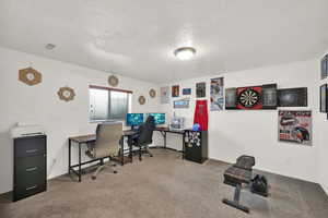 Office area with carpet and a textured ceiling