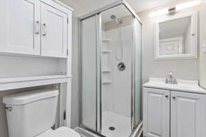 Bathroom with vanity, toilet, and a shower with shower door